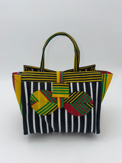 Panda Medium  handwoven tote bag by SCRUBIES in Black,White,Yellow,Red with Stripes design and Bow accent pattern