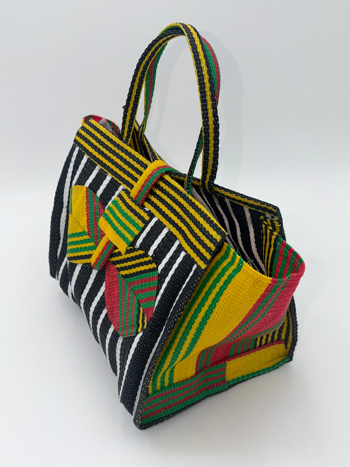 Panda Medium  handwoven tote bag by SCRUBIES in Black,White,Yellow,Red with Stripes design and Bow accent pattern