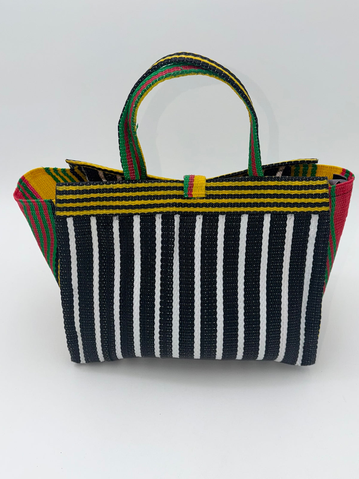 Panda Medium  handwoven tote bag by SCRUBIES in Black,White,Yellow,Red with Stripes design and Bow accent pattern