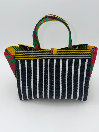 Panda Medium  handwoven tote bag by SCRUBIES in Black,White,Yellow,Red with Stripes design and Bow accent pattern