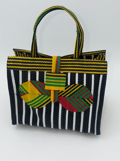 Panda Medium  handwoven tote bag by SCRUBIES in Black,White,Yellow,Red with Stripes design and Bow accent pattern