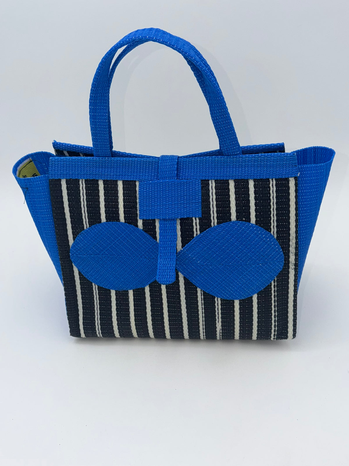 Panda Medium  handwoven tote bag by SCRUBIES in Black,White,Blue with Stripes design and Bow accent pattern