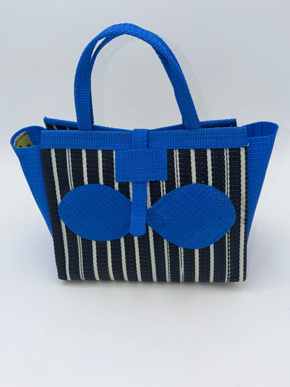 Panda Medium  handwoven tote bag by SCRUBIES in Black,White,Blue with Stripes design and Bow accent pattern