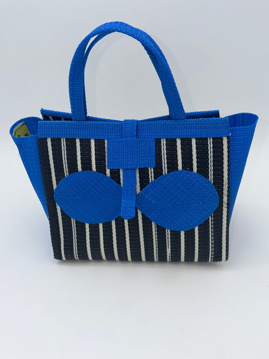 Panda Medium  handwoven tote bag by SCRUBIES in Black,White,Blue with Stripes design and Bow accent pattern
