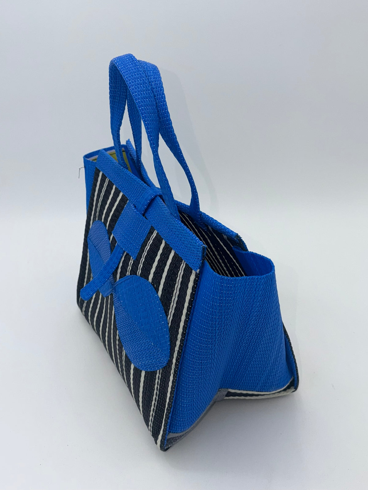 Panda Medium  handwoven tote bag by SCRUBIES in Black,White,Blue with Stripes design and Bow accent pattern