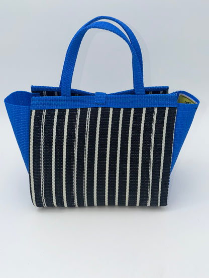 Panda Medium  handwoven tote bag by SCRUBIES in Black,White,Blue with Stripes design and Bow accent pattern