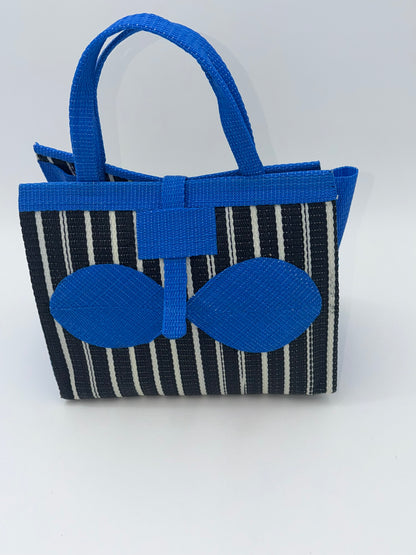 Panda Medium  handwoven tote bag by SCRUBIES in Black,White,Blue with Stripes design and Bow accent pattern