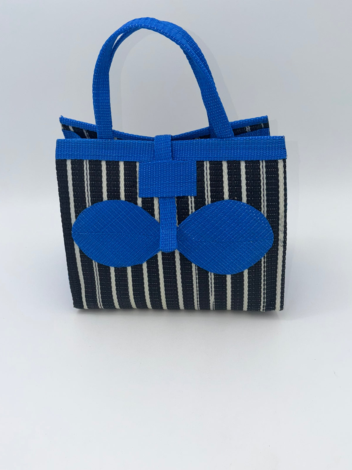 Panda Medium  handwoven tote bag by SCRUBIES in Black,White,Blue with Stripes design and Bow accent pattern