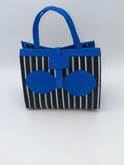 Panda Medium  handwoven tote bag by SCRUBIES in Black,White,Blue with Stripes design and Bow accent pattern