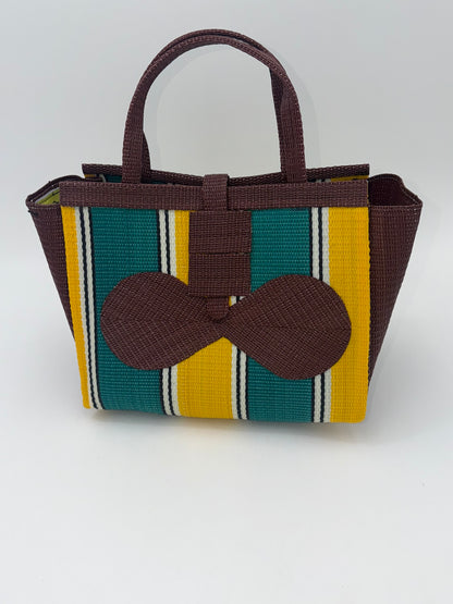 Sunshine Medium  handwoven tote bag by SCRUBIES in Brown,Green,Yellow with Block design and Bow accent pattern
