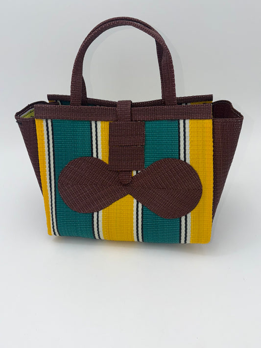 Sunshine Medium  handwoven tote bag by SCRUBIES in Brown,Green,Yellow with Block design and Bow accent pattern
