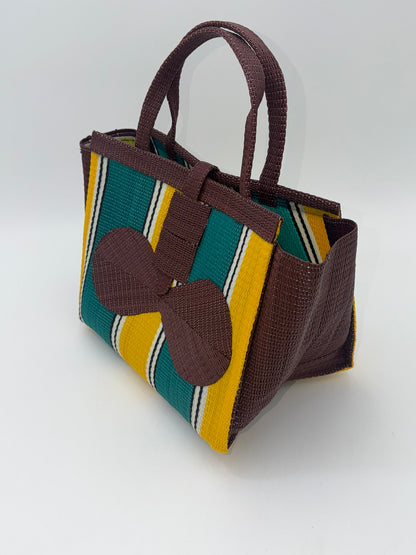 Sunshine Medium  handwoven tote bag by SCRUBIES in Brown,Green,Yellow with Block design and Bow accent pattern