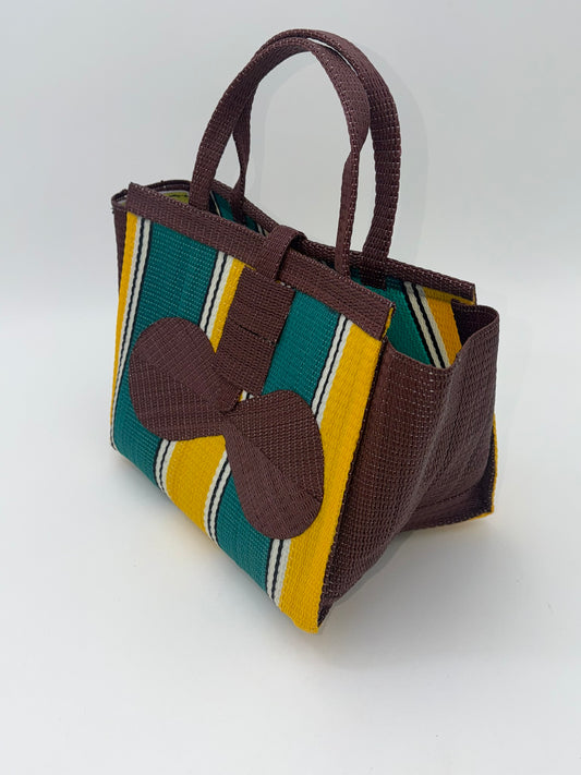 Sunshine Medium  handwoven tote bag by SCRUBIES in Brown,Green,Yellow with Block design and Bow accent pattern