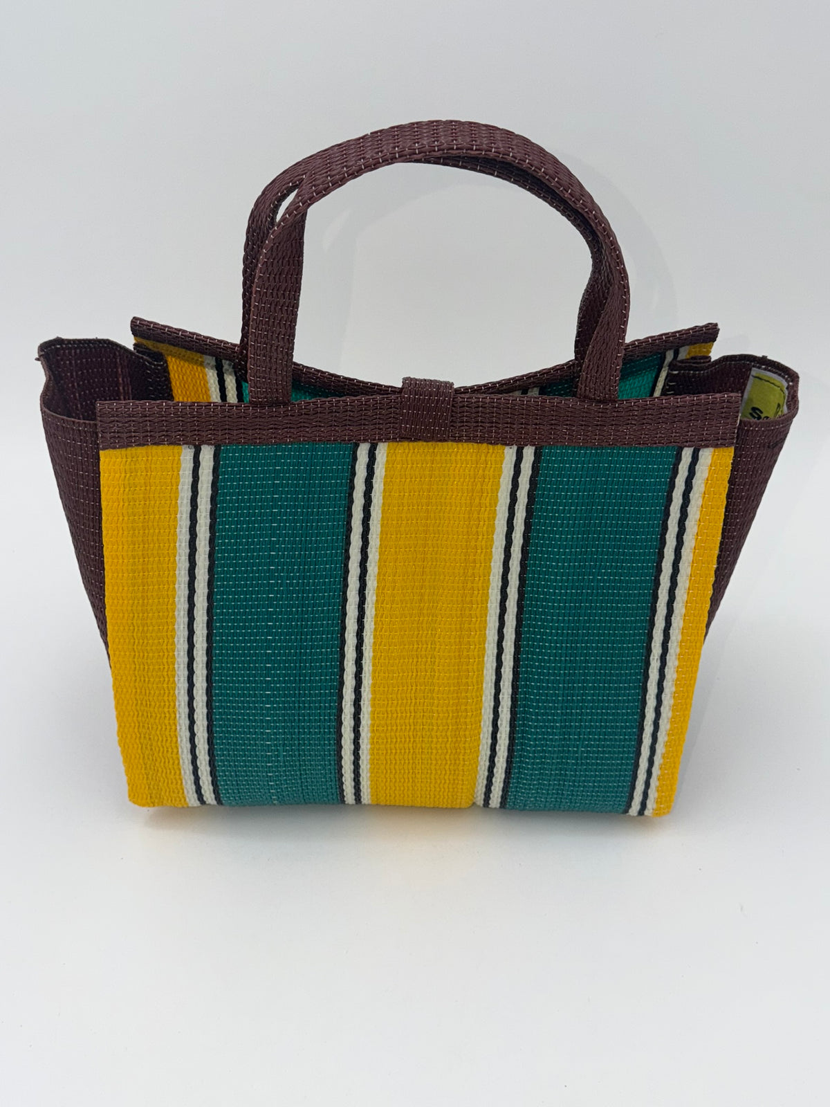 Sunshine Medium  handwoven tote bag by SCRUBIES in Brown,Green,Yellow with Block design and Bow accent pattern