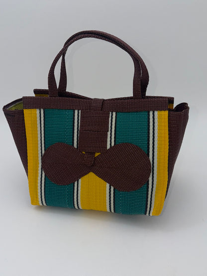 Sunshine Medium  handwoven tote bag by SCRUBIES in Brown,Green,Yellow with Block design and Bow accent pattern