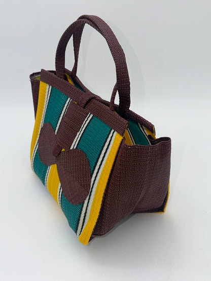 Sunshine Medium  handwoven tote bag by SCRUBIES in Brown,Green,Yellow with Block design and Bow accent pattern