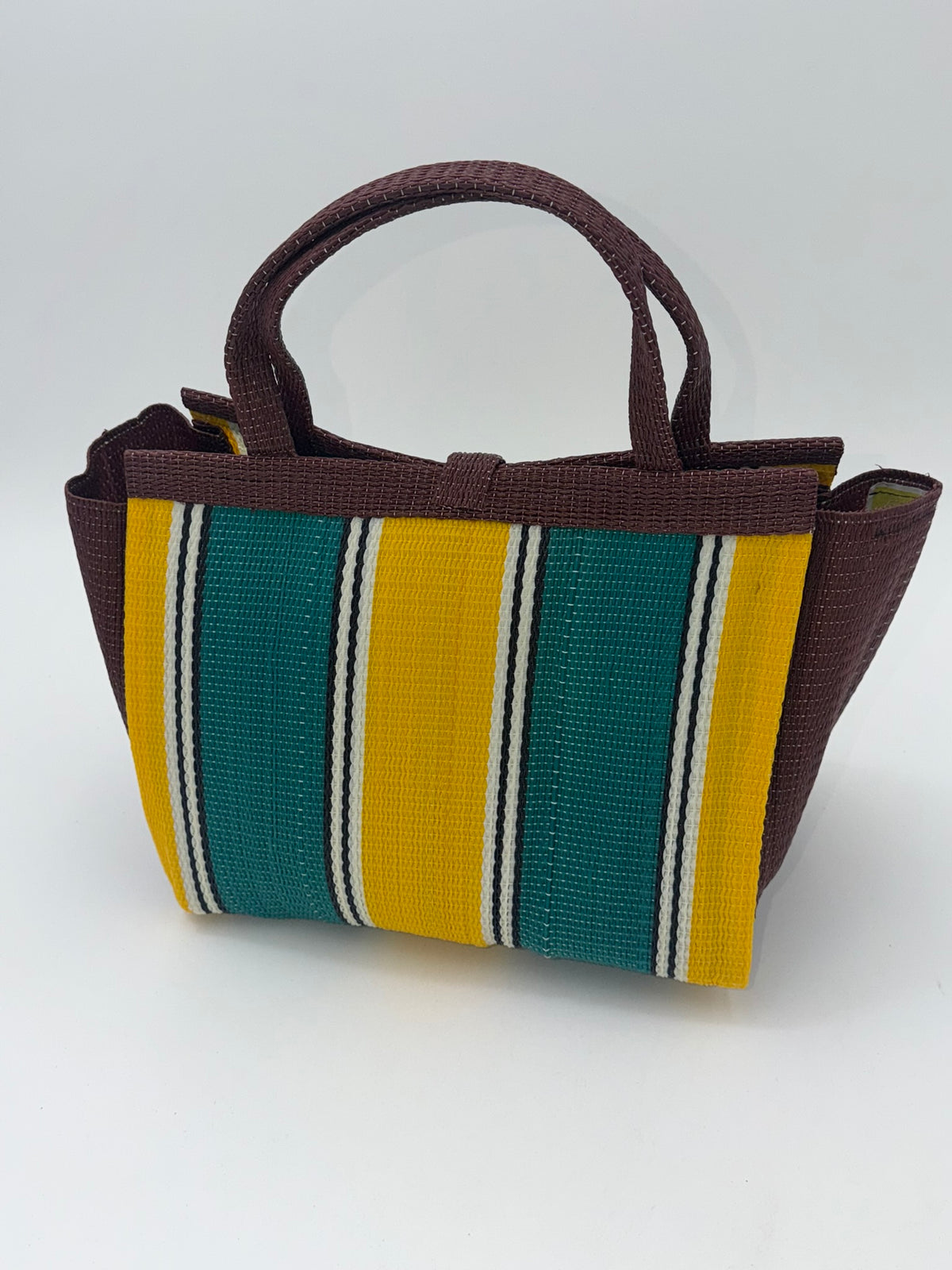 Sunshine Medium  handwoven tote bag by SCRUBIES in Brown,Green,Yellow with Block design and Bow accent pattern