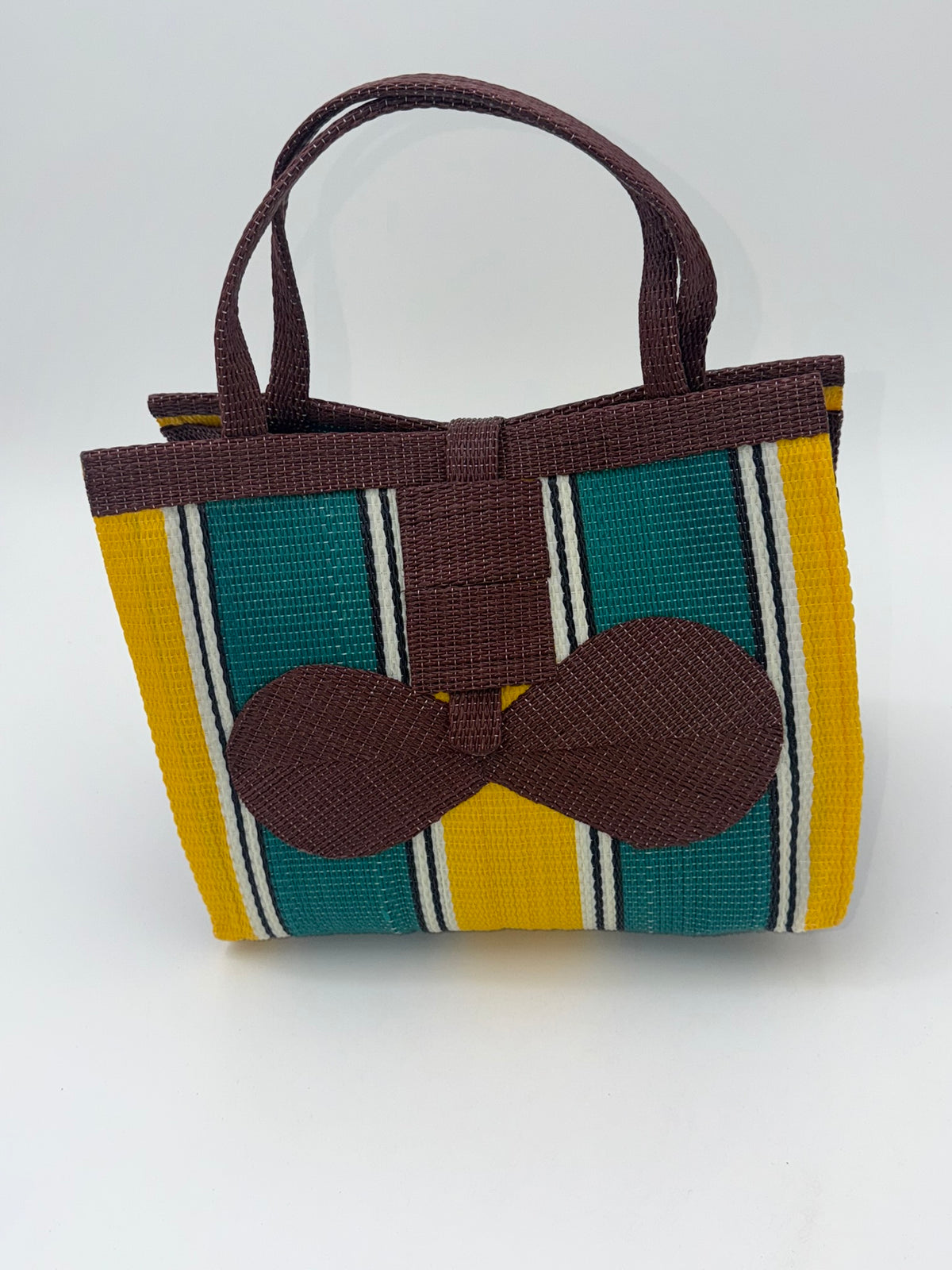 Sunshine Medium  handwoven tote bag by SCRUBIES in Brown,Green,Yellow with Block design and Bow accent pattern