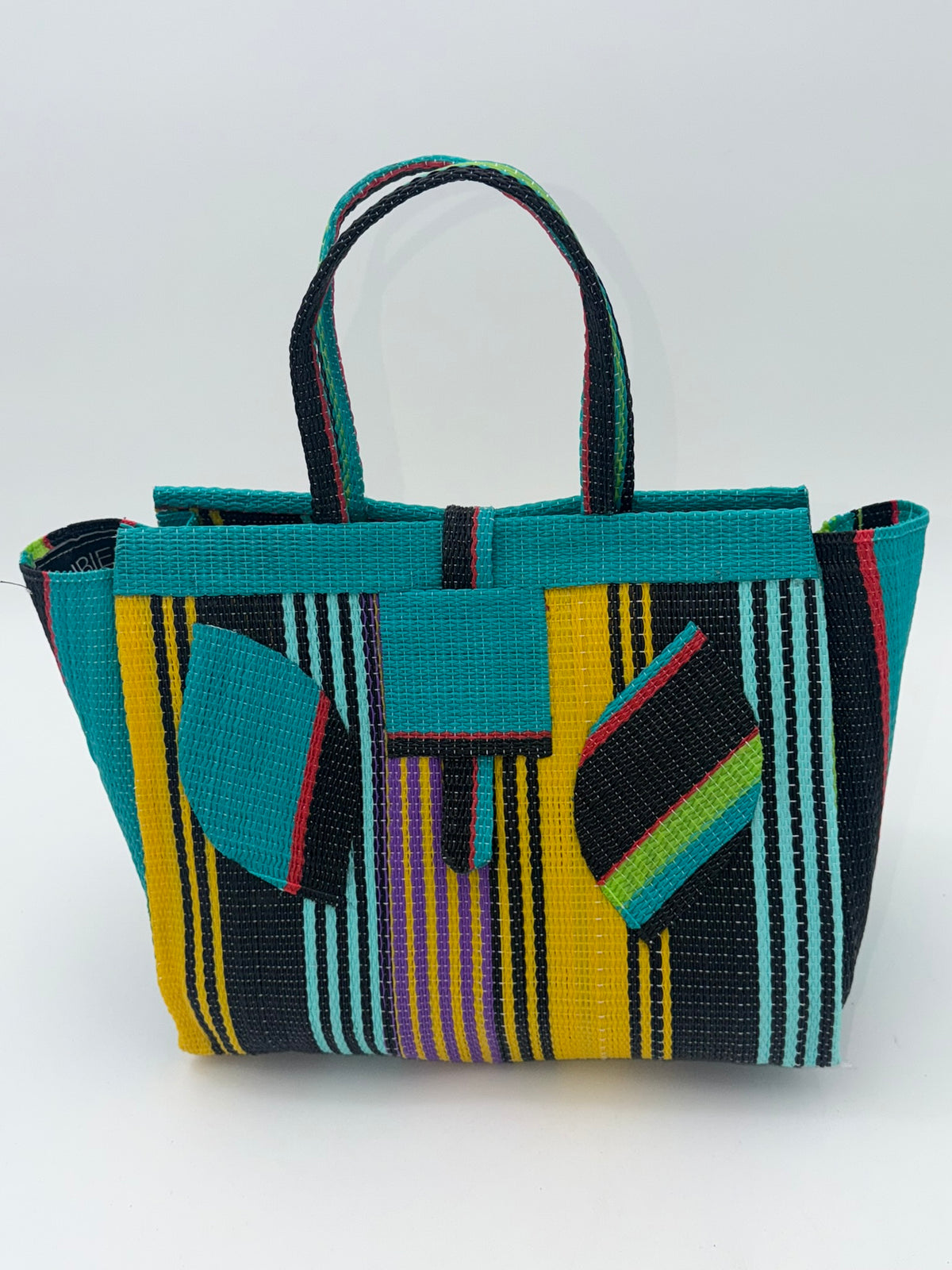 Sunshine Medium  handwoven tote bag by SCRUBIES in Teal,Yellow,Black with Stripes design and Leaf accent pattern