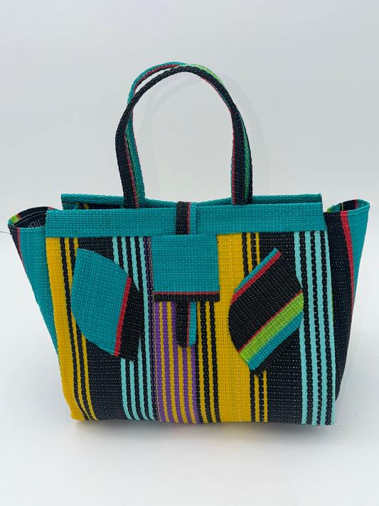 Sunshine Medium  handwoven tote bag by SCRUBIES in Teal,Yellow,Black with Stripes design and Leaf accent pattern