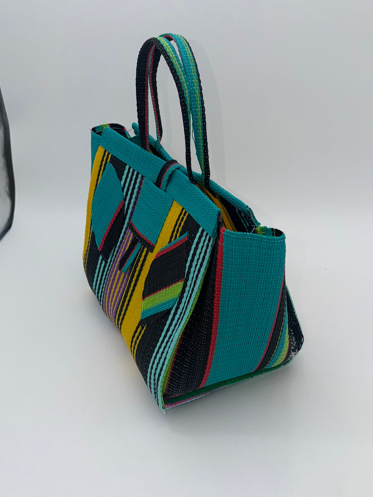 Sunshine Medium  handwoven tote bag by SCRUBIES in Teal,Yellow,Black with Stripes design and Leaf accent pattern