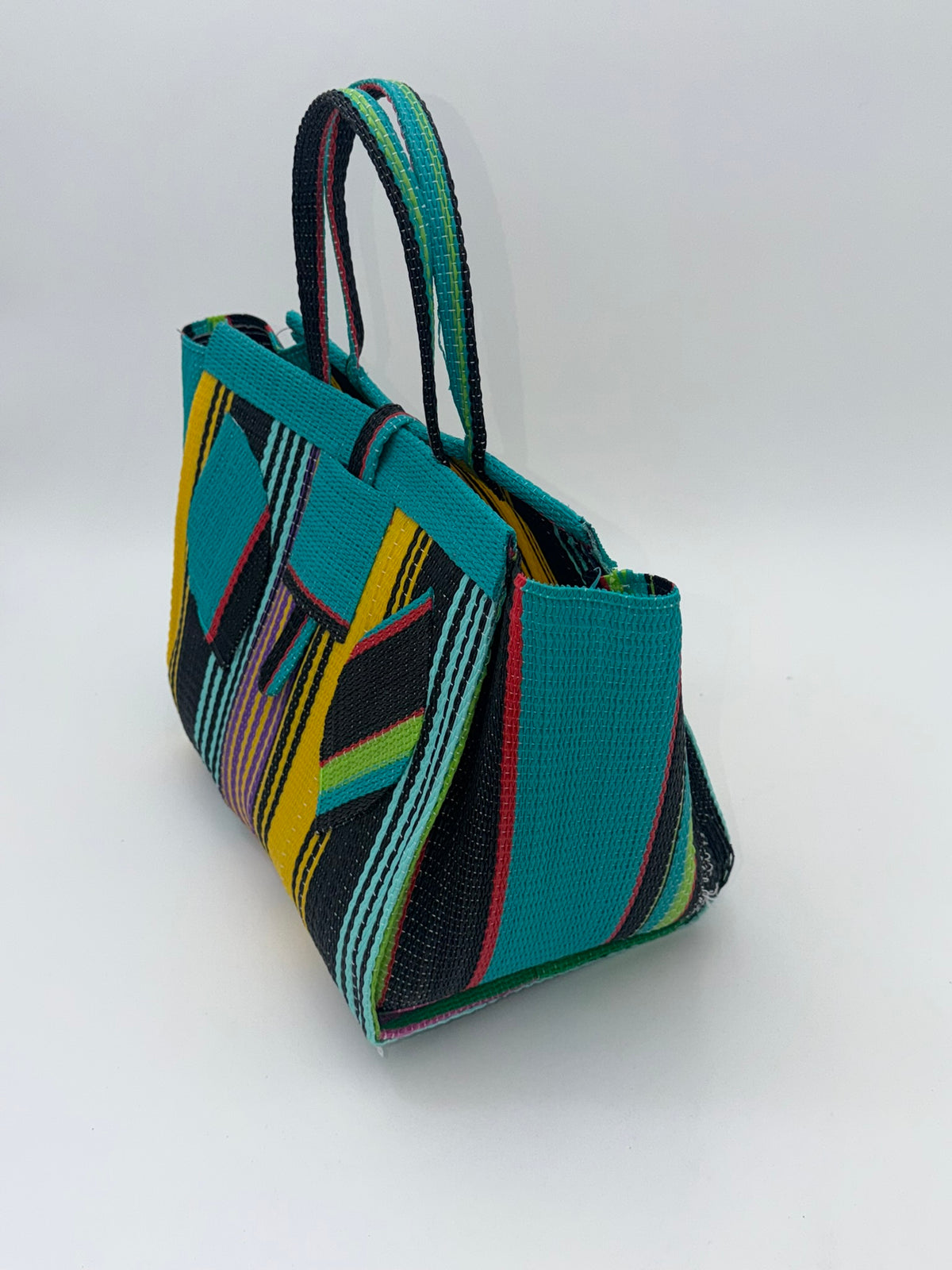 Sunshine Medium  handwoven tote bag by SCRUBIES in Teal,Yellow,Black with Stripes design and Leaf accent pattern