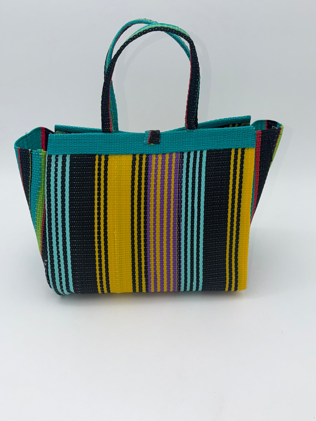 Sunshine Medium  handwoven tote bag by SCRUBIES in Teal,Yellow,Black with Stripes design and Leaf accent pattern