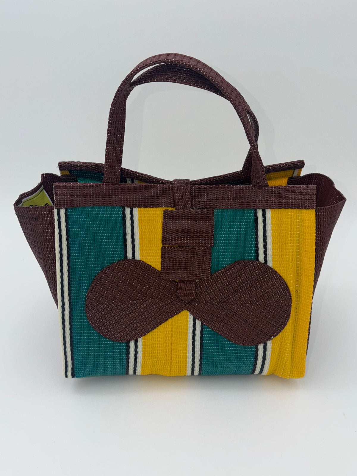 Sunshine Medium  handwoven tote bag by SCRUBIES in Brown,Green,Yellow with Block design and Bow accent pattern