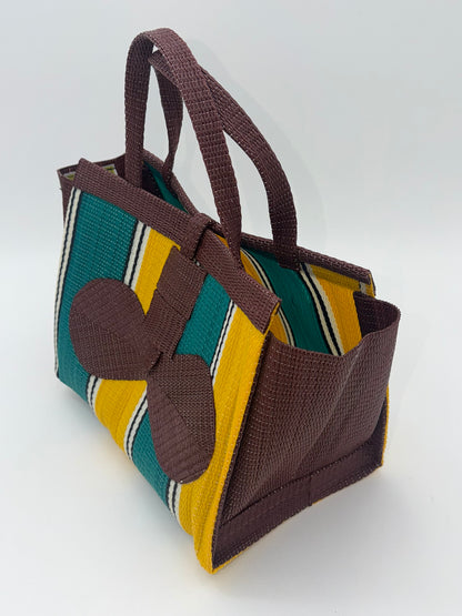 Sunshine Medium  handwoven tote bag by SCRUBIES in Brown,Green,Yellow with Block design and Bow accent pattern