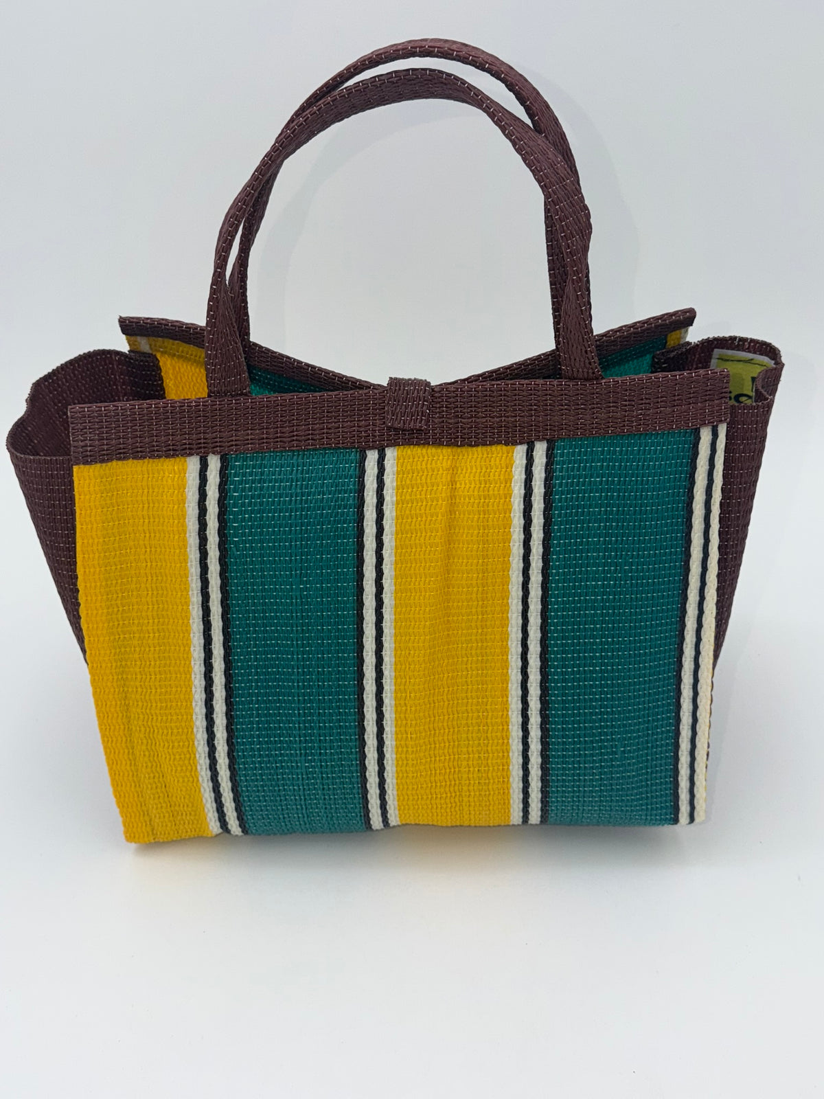 Sunshine Medium  handwoven tote bag by SCRUBIES in Brown,Green,Yellow with Block design and Bow accent pattern