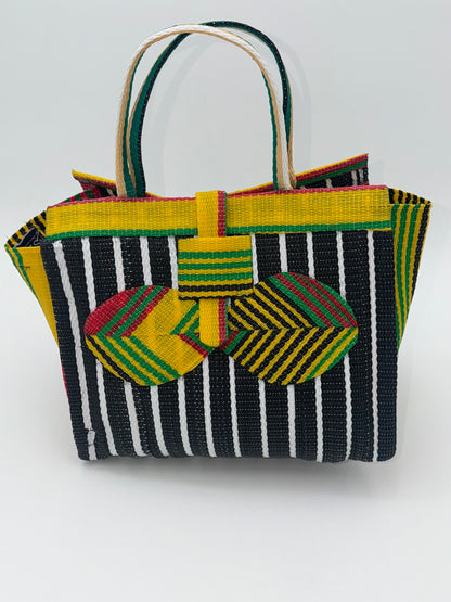 Panda Medium  handwoven tote bag by SCRUBIES in Black,White,Yellow,Red with Stripes design and Bow accent pattern