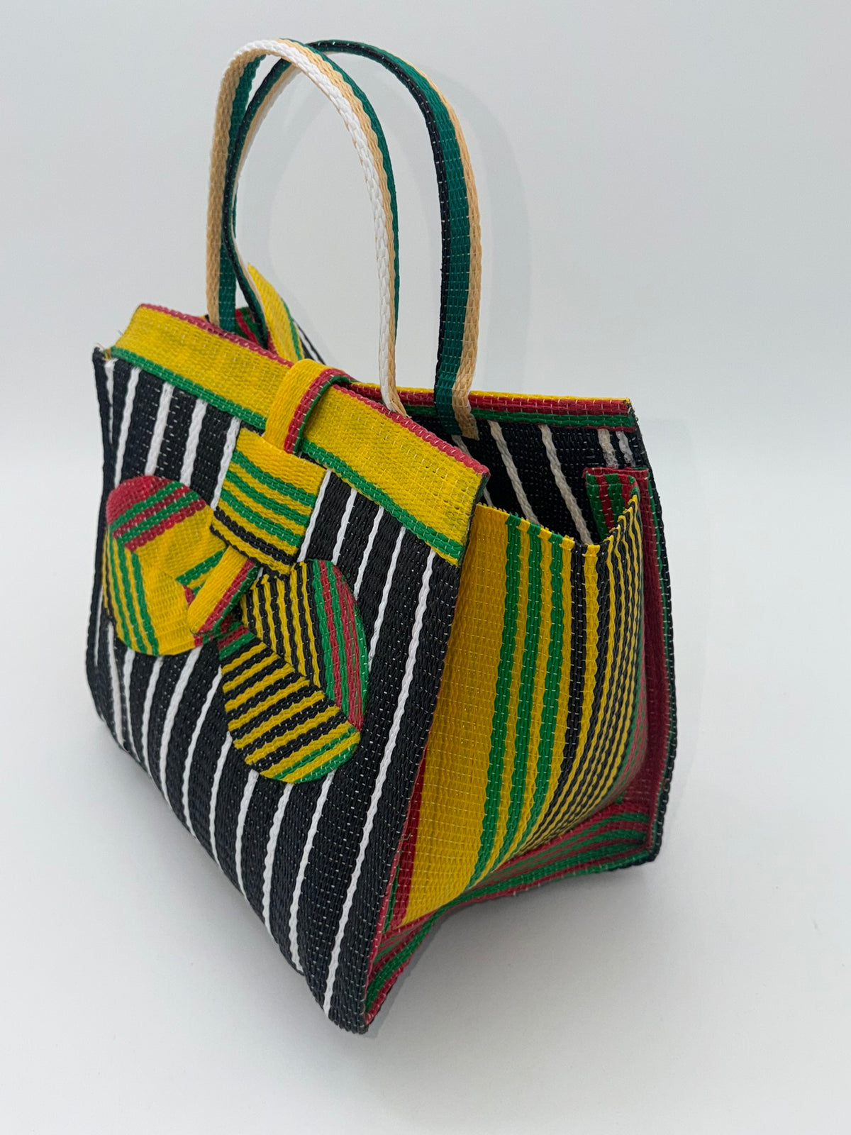 Panda Medium  handwoven tote bag by SCRUBIES in Black,White,Yellow,Red with Stripes design and Bow accent pattern