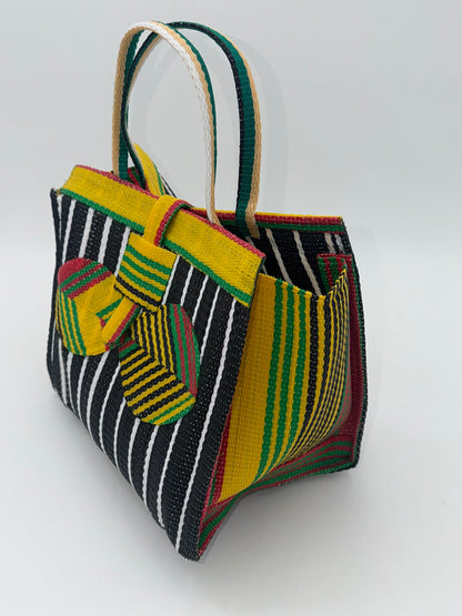 Panda Medium  handwoven tote bag by SCRUBIES in Black,White,Yellow,Red with Stripes design and Bow accent pattern