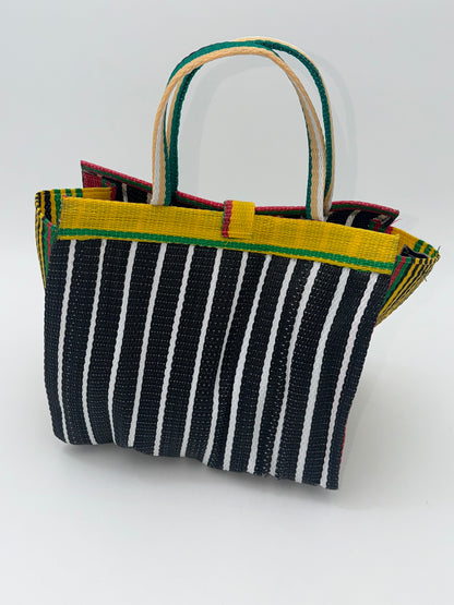 Panda Medium  handwoven tote bag by SCRUBIES in Black,White,Yellow,Red with Stripes design and Bow accent pattern