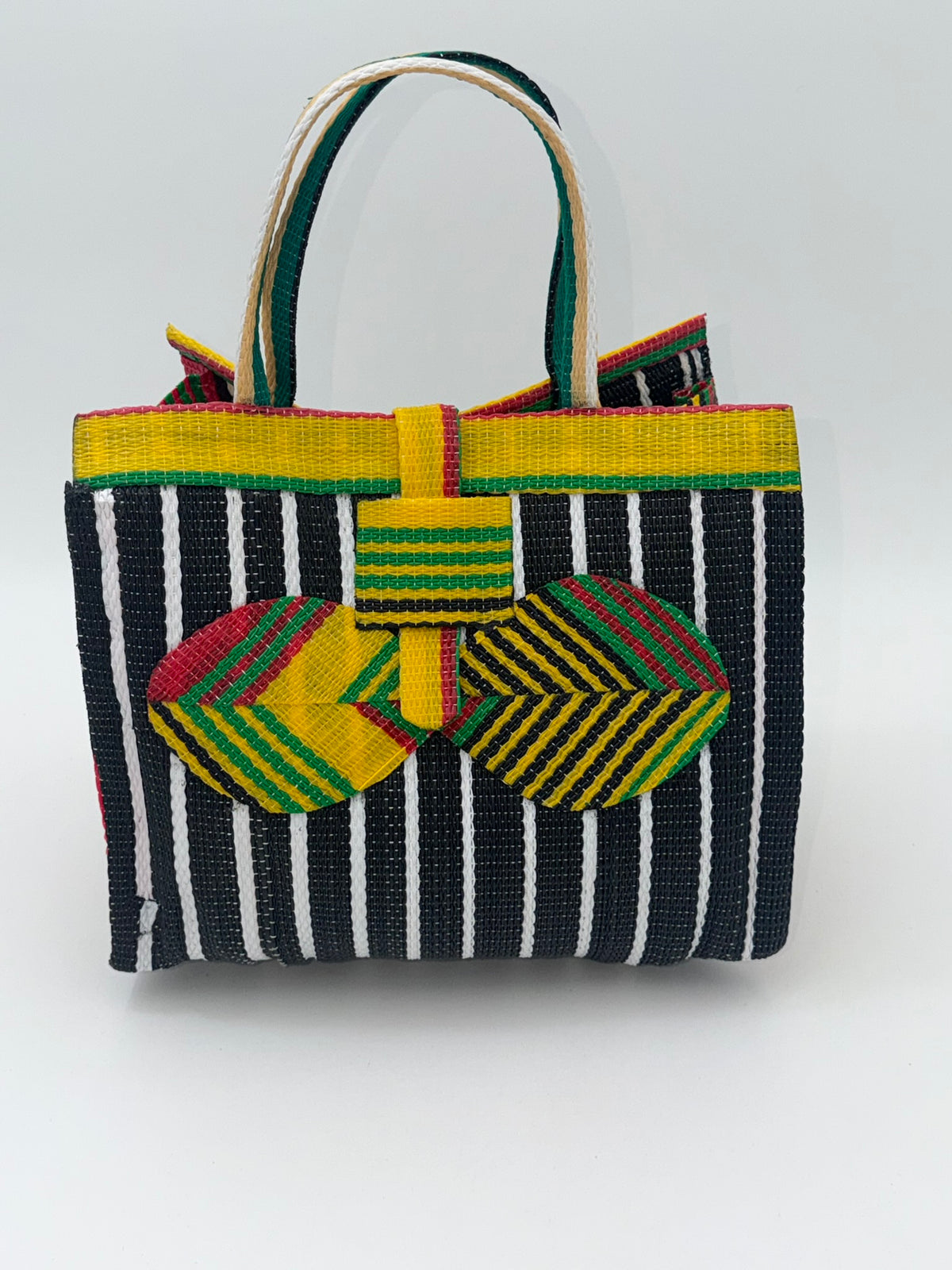 Panda Medium  handwoven tote bag by SCRUBIES in Black,White,Yellow,Red with Stripes design and Bow accent pattern