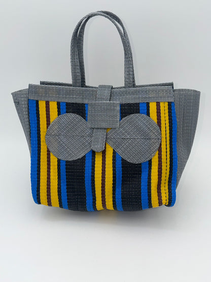 Sunshine Medium  handwoven tote bag by SCRUBIES in Gray,Blue,Yellow,Black with Stripes design and Bow accent pattern