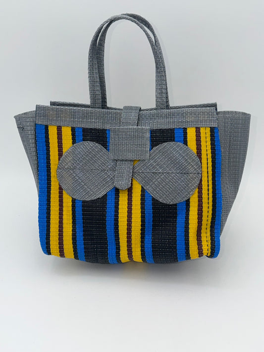Sunshine Medium  handwoven tote bag by SCRUBIES in Gray,Blue,Yellow,Black with Stripes design and Bow accent pattern
