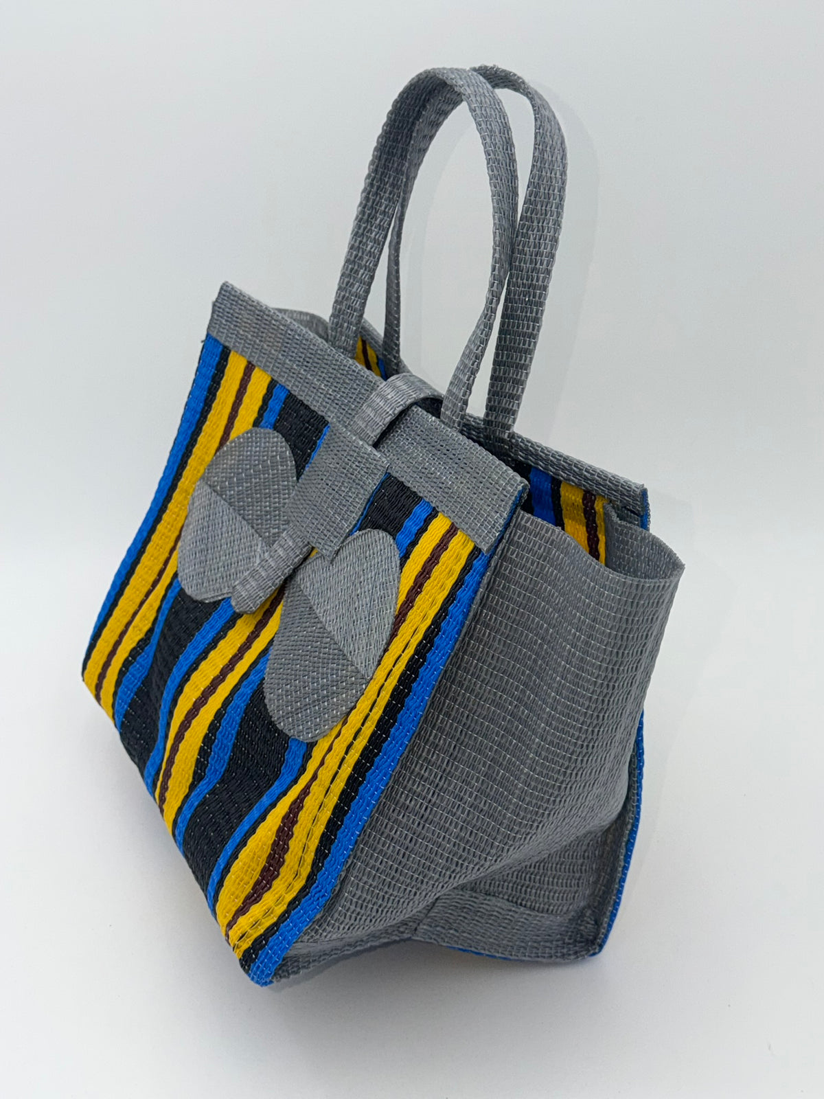 Sunshine Medium  handwoven tote bag by SCRUBIES in Gray,Blue,Yellow,Black with Stripes design and Bow accent pattern