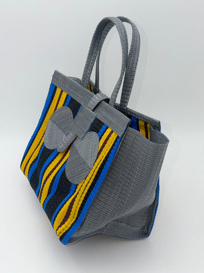Sunshine Medium  handwoven tote bag by SCRUBIES in Gray,Blue,Yellow,Black with Stripes design and Bow accent pattern