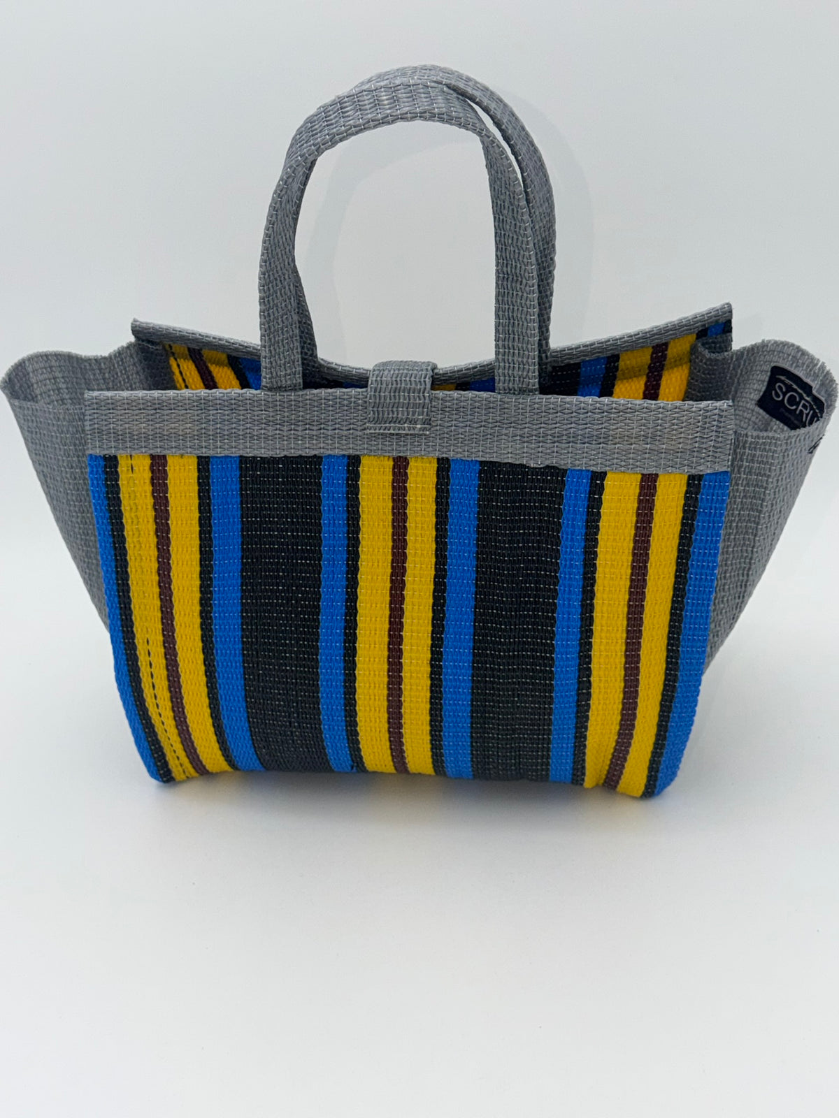 Sunshine Medium  handwoven tote bag by SCRUBIES in Gray,Blue,Yellow,Black with Stripes design and Bow accent pattern