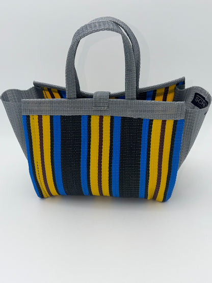 Sunshine Medium  handwoven tote bag by SCRUBIES in Gray,Blue,Yellow,Black with Stripes design and Bow accent pattern