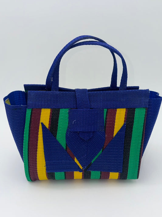 Sunshine Medium  handwoven tote bag by SCRUBIES in Blue,Green,Wine,Yellow,Black with Stripes design and Abstract accent pattern