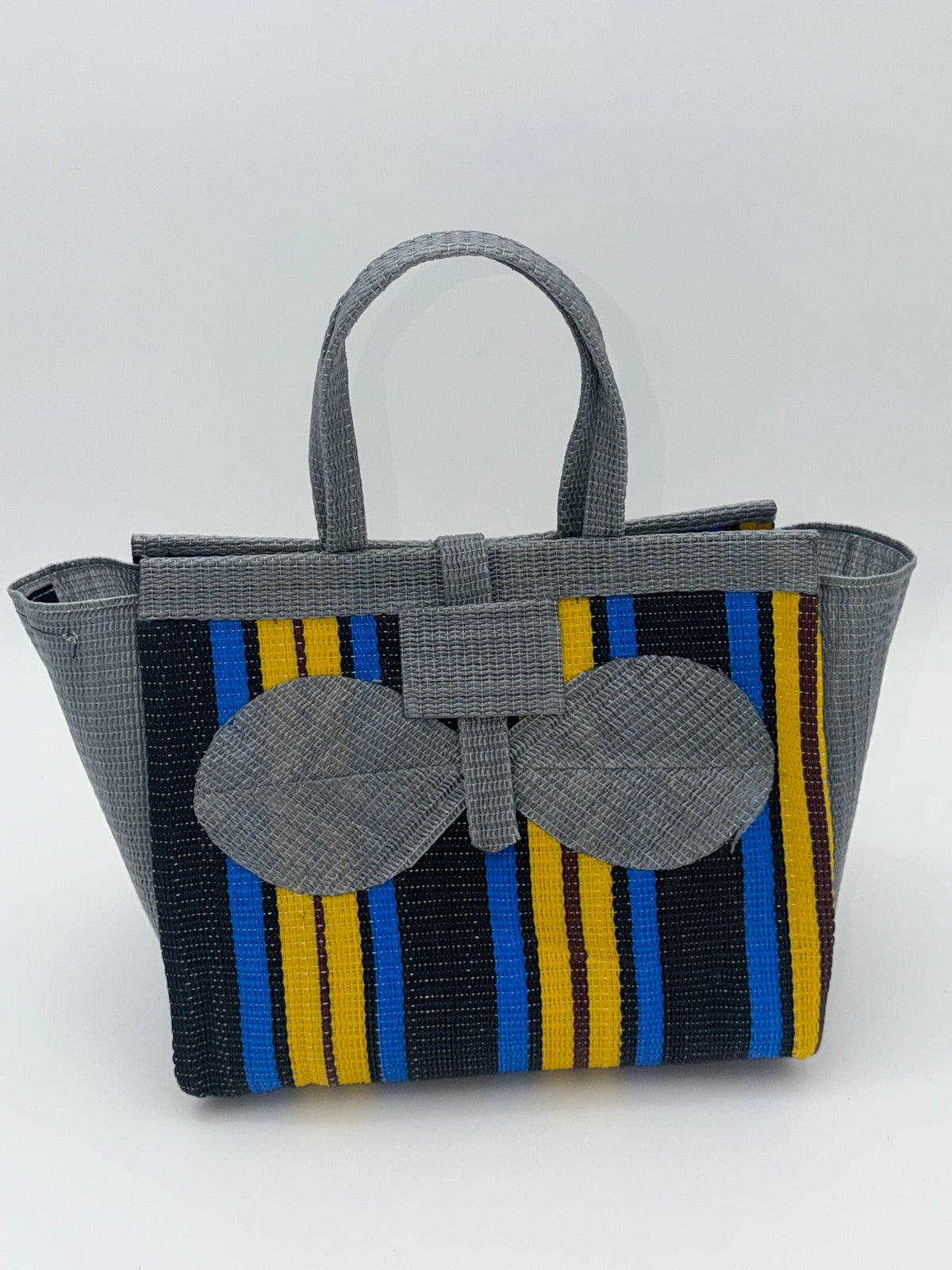 Sunshine Medium  handwoven tote bag by SCRUBIES in Gray,Blue,Yellow,Black with Stripes design and Bow accent pattern