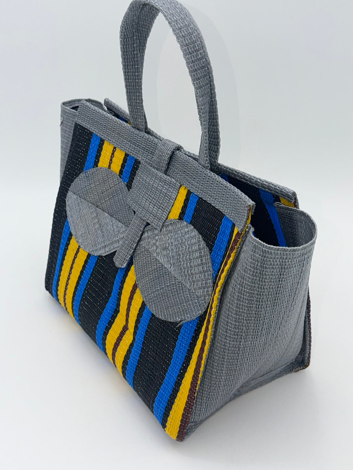 Sunshine Medium  handwoven tote bag by SCRUBIES in Gray,Blue,Yellow,Black with Stripes design and Bow accent pattern