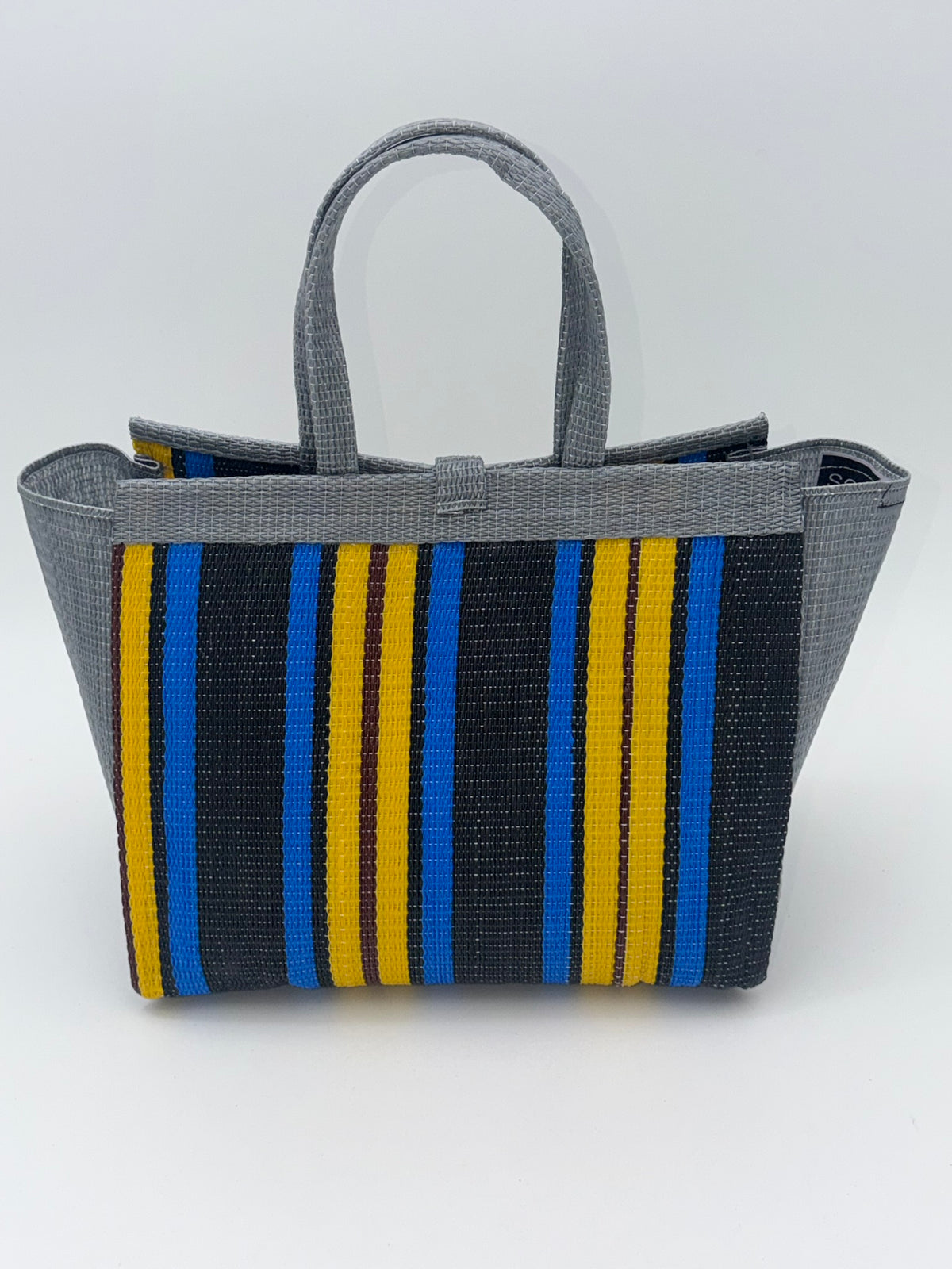 Sunshine Medium  handwoven tote bag by SCRUBIES in Gray,Blue,Yellow,Black with Stripes design and Bow accent pattern