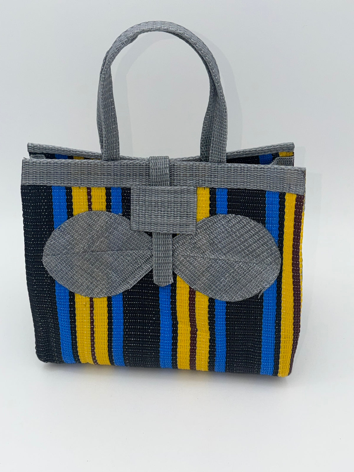 Sunshine Medium  handwoven tote bag by SCRUBIES in Gray,Blue,Yellow,Black with Stripes design and Bow accent pattern