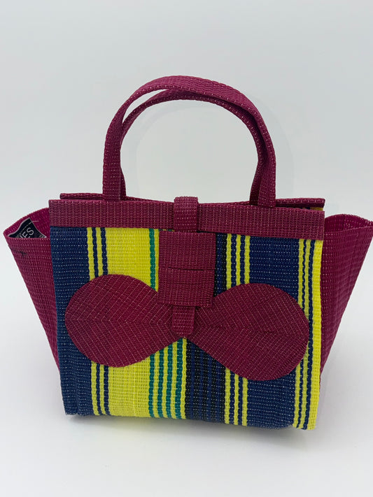Sunshine Medium  handwoven tote bag by SCRUBIES in Wine,Yellow,Blue with Stripes design and Bow accent pattern