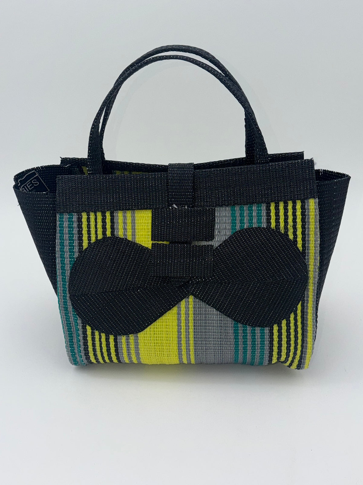 Sunshine Medium  handwoven tote bag by SCRUBIES in Black,Yellow,Gray with Stripes design and Bow accent pattern
