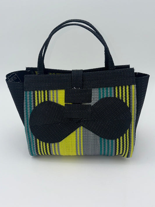 Sunshine Medium  handwoven tote bag by SCRUBIES in Black,Yellow,Gray with Stripes design and Bow accent pattern