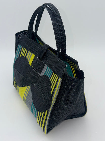 Sunshine Medium  handwoven tote bag by SCRUBIES in Black,Yellow,Gray with Stripes design and Bow accent pattern